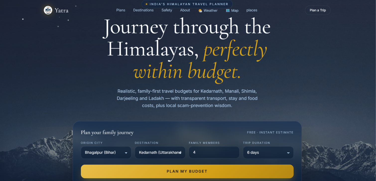 Yatra Planner landing page